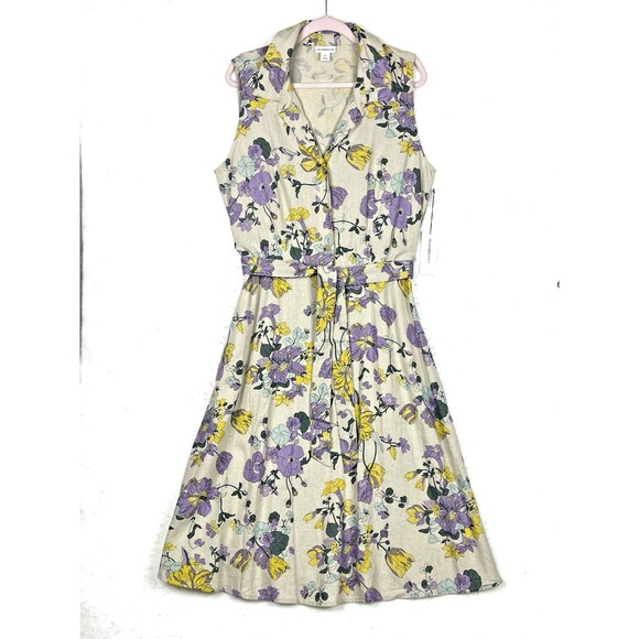 Liz Claiborne Floral Belted Dress Womens SZ 6 Fit & Flare Midi Sleeveless Linen - Picture 2 of 11
